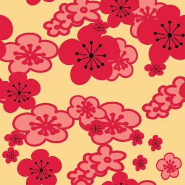 Vektör sarı arka plan pembe kiraz çiçekleri kırmızı kiraz çiçeği. pürüzsüz kalıp arkaplanı.