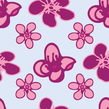 Vektör pastel mavi zemin manolya çeşitli bahar çiçekleri, pürüzsüz desen arkaplan