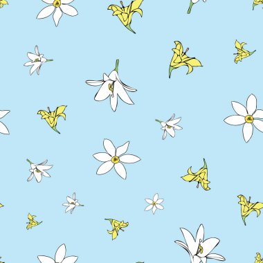 Vektör mavi arka plan beyaz limon çiçekli, pürüzsüz desen. Papatyalar, Zambaklar. Kusursuz desen arkaplanı
