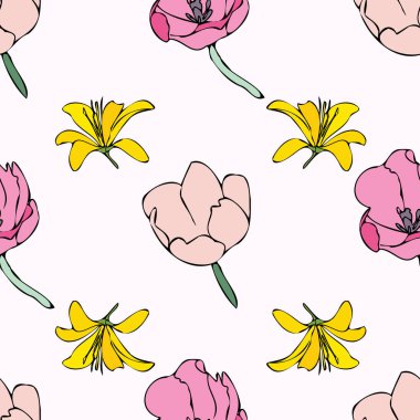 Beyaz vektör arkaplan sarı çiçeksiz pembe desen. Zambak, lale. Kusursuz desen arkaplanı