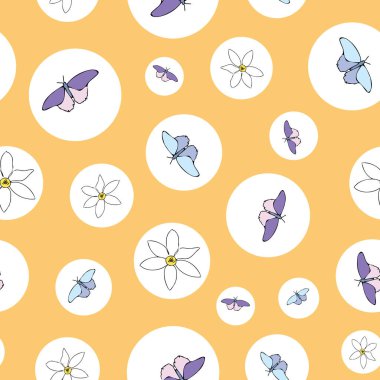 Vektör turuncu arka plan beyaz çiçekler pürüzsüz desen. Zambaklar, kelebekler. Kusursuz desen arkaplanı