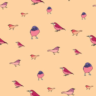 Vektör pastel turuncu arka plan çeşitli kırmızı kuşlar pürüzsüz desen. Mor Finch, kusursuz desen arkaplan