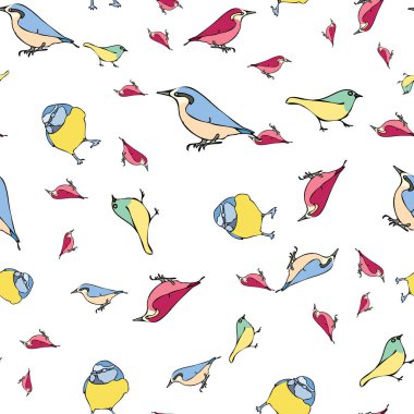 Vector white background blue red birds seamless pattern. Blue tit, Purple Finch, Seamless pattern background