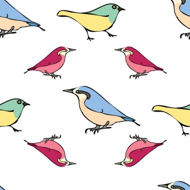 Vector white background blue red birds seamless pattern. Blue tit, Purple Finch, Seamless pattern background