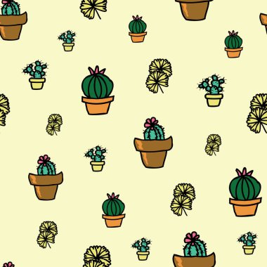 Sarı arka plandaki kaktüs bitkisi, sulu ve pürüzsüz desen. Kusursuz desen arkaplanı