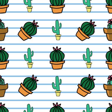 Vektör arka plandaki kaktüs saksısı, sulu ve pürüzsüz desen. Kusursuz desen arkaplanı