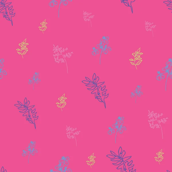 Vector fushia fondo rosa hierbas, hojas, flores y plantas textura patrón sin costuras. Fondo de patrón sin costura — Vector de stock