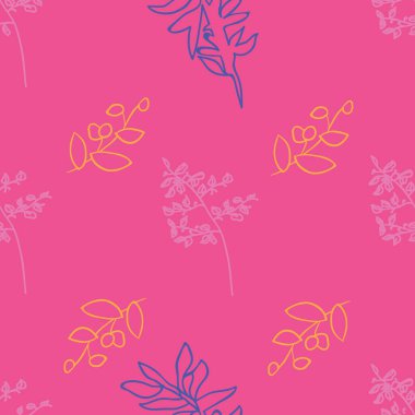 Vektör fushia pembe arka plan bitkileri, yaprak, çiçekler ve bitkilerin dokusu pürüzsüz. Kusursuz desen arkaplanı