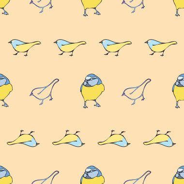 Vector orange background birds silhouette seamless pattern. Blue tit, Purple Finch, Seamless pattern background