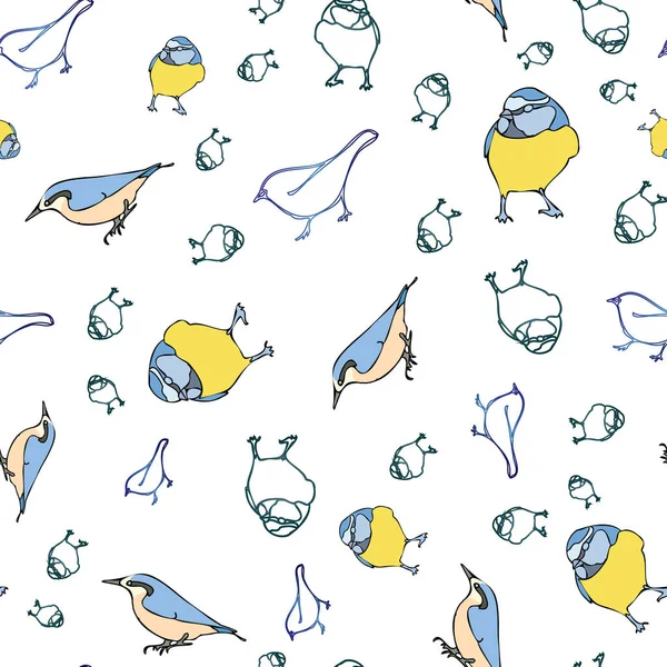 Vector white background birds silhouette seamless pattern. Blue tit, Purple Finch, Seamless pattern background — Stock vektor