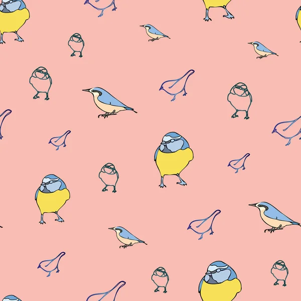 Vector mandys pink background birds silhouette seamless pattern. Blue tit, Purple Finch, Seamless pattern background — Stock vektor