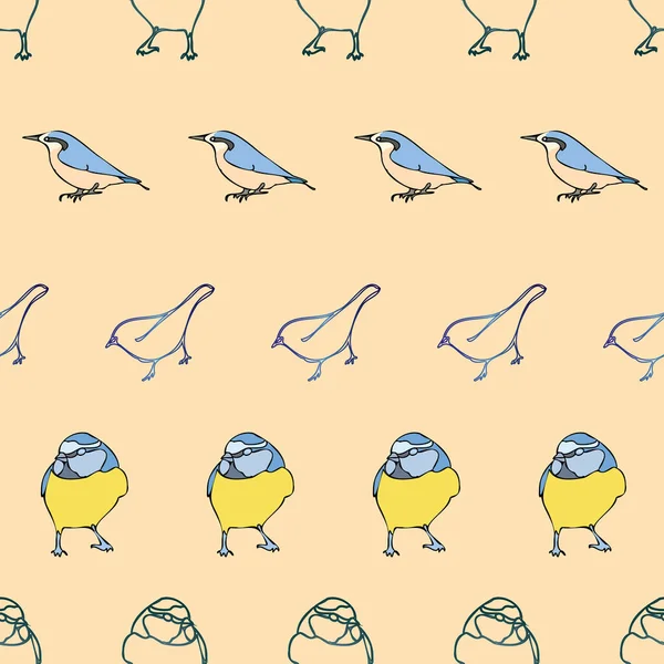 Векторный оранжевый фон силуэта птиц безмордый узор. Голубая синица, фиолетовый финч, безморщинистый фон — стоковый вектор