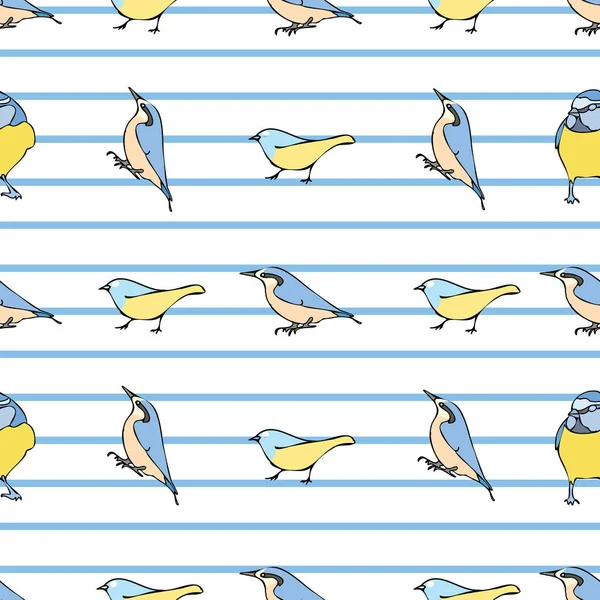 Vector white background birds silhouette seamless pattern. Blue tit, Purple Finch, Seamless pattern background — Stock vektor