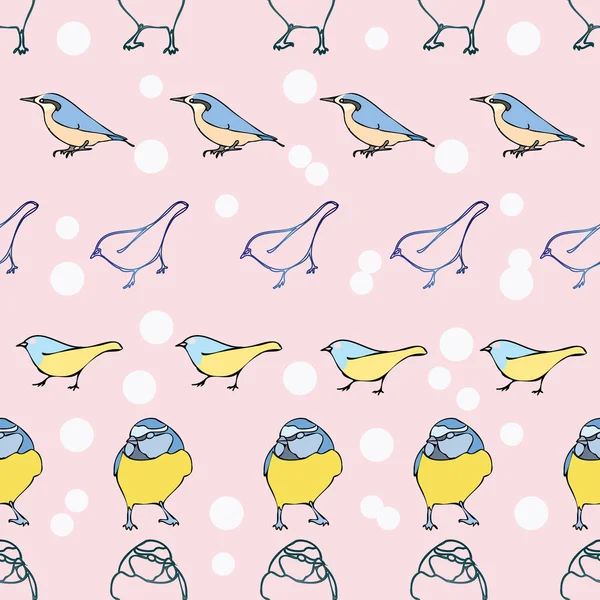 Vector pastel pink background birds silhouette seamless pattern. Blue tit, Purple Finch, Seamless pattern background — Stock vektor