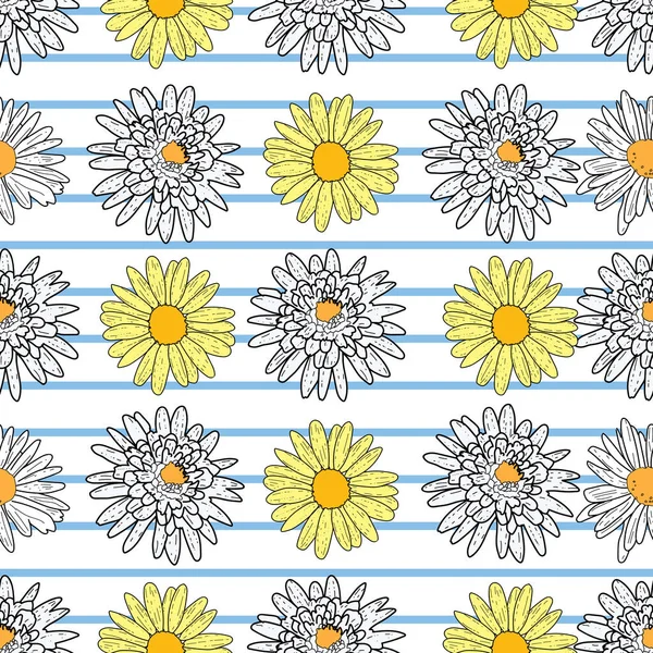 Vector white background daisy flowers and wild flowers. Seamless pattern background — Stock Vector