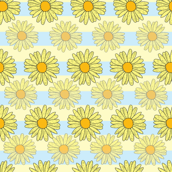 Векторный желтый фон осыпается цветами и полевыми цветами. Бесшовный фон