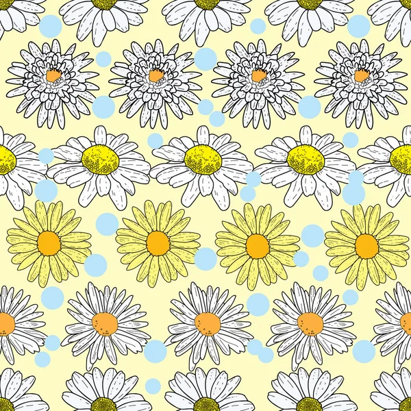 Vector yellow background daisy flowers and wild flowers. Seamless pattern background — Stock Vector