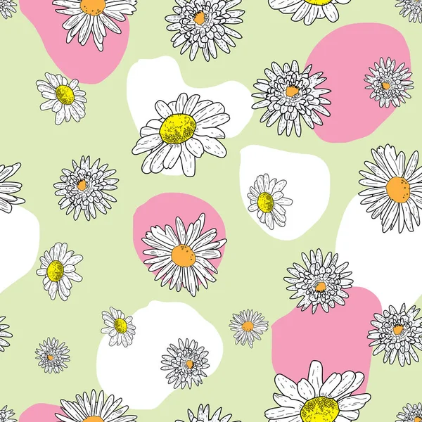 ベクトルパステルグリーンの背景デイジーの花や野生の花。シームレスなパターン背景 — ストックベクタ