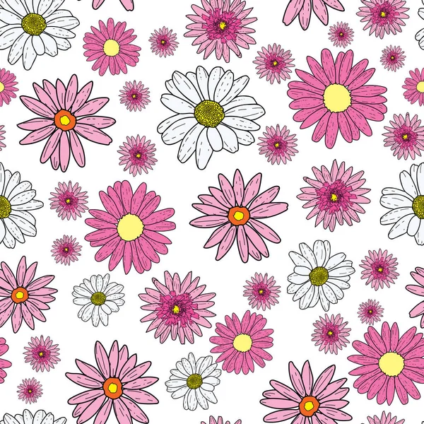 Vector white background pink daisy flowers and wild flowers. Seamless pattern background — Stock Vector