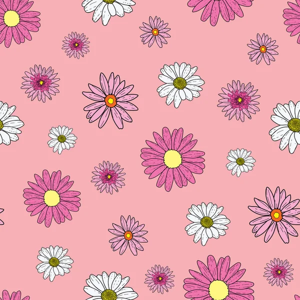 Vector peach pink background pink daisy flowers and wild flowers. Seamless pattern background — Stock Vector