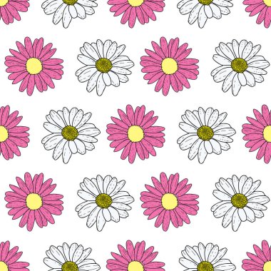 Vektör beyaz arka plan pembe papatya çiçekleri ve yabani çiçekler. Kusursuz desen arkaplanı