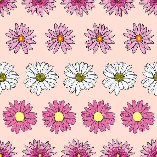 Vecteur pastel rose beige fond rose fleurs marguerites et fleurs sauvages. Fond de motif sans couture — Image vectorielle