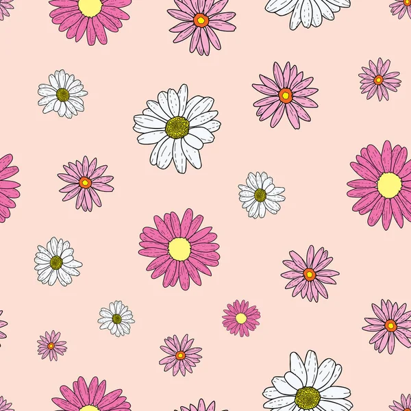 病媒粉红米黄色背景粉红菊花和野花。无缝图案背景 — 图库矢量图片