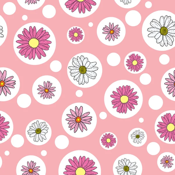 Vector pfirsichrosa Hintergrund rosa Gänseblümchen Blumen und Wildblumen. Nahtloser Musterhintergrund — Stockvektor