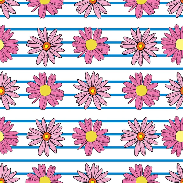 Vector white background pink daisy flowers and wild flowers. Seamless pattern background — Stock Vector