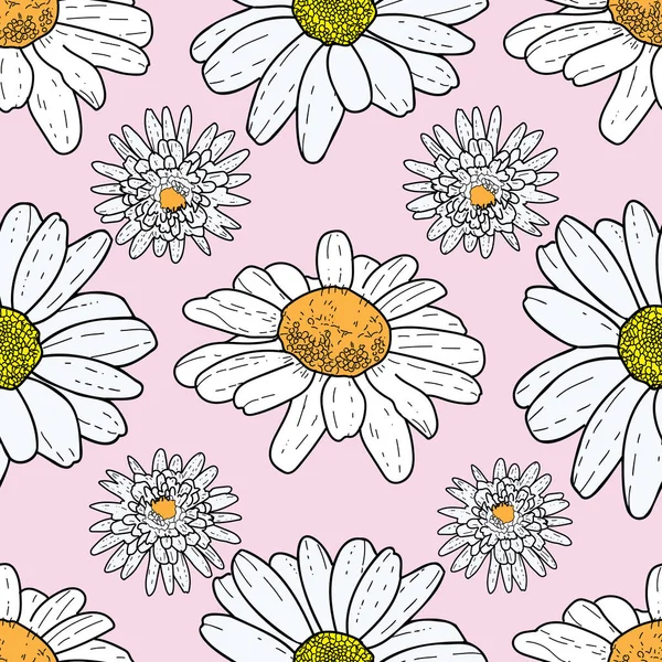Vector pink background daisy flowers and wild flowers. Seamless pattern background — Stock Vector