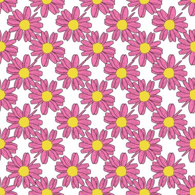 Vektör beyaz arka plan pembe papatya çiçekleri ve yabani çiçekler. Kusursuz desen arkaplanı