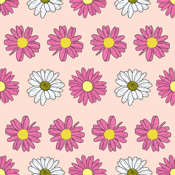 Vector pastellrosa beige Hintergrund rosa Gänseblümchen Blumen und Wildblumen. Nahtloser Musterhintergrund — Stockvektor