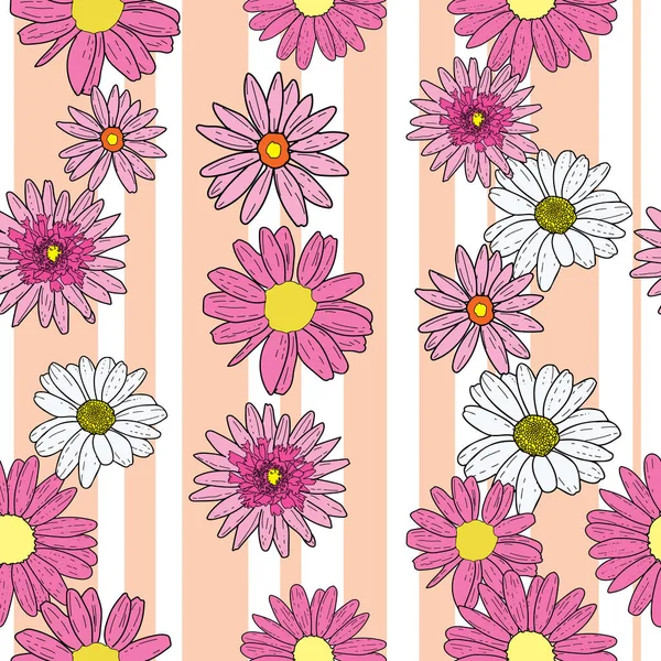 Vector white background pink daisy flowers and wild flowers. Seamless pattern background — Stock Vector