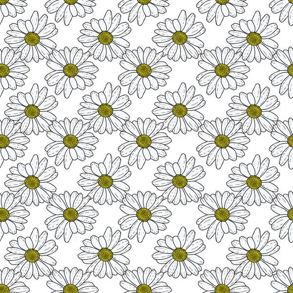 Vector white background pink daisy flowers and wild flowers. Seamless pattern background — Stock Vector