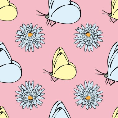 Vektör pastel pembe arka plan papatya çiçekleri, yabani çiçekler ve kelebekler, böcekler. Kusursuz desen arkaplanı