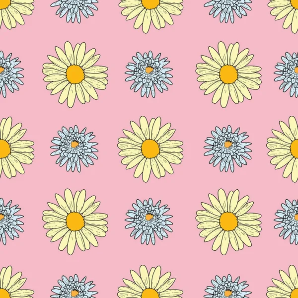 Vector pastel pink background daisy flowers, wild flowers and butterflies, insects. Seamless pattern background — Stock Vector