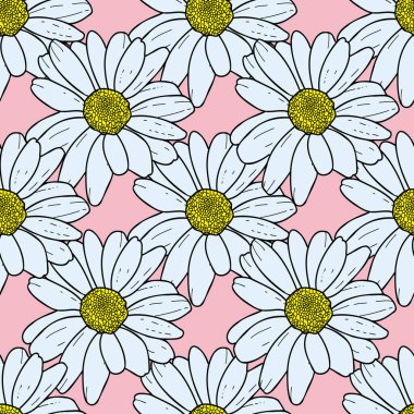 Vektör pastel pembe arka plan papatya çiçekleri, yabani çiçekler ve kelebekler, böcekler. Kusursuz desen arkaplanı