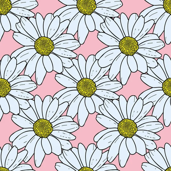 Vector pastel pink background daisy flowers, wild flowers and butterflies, insects. Seamless pattern background — Stock Vector