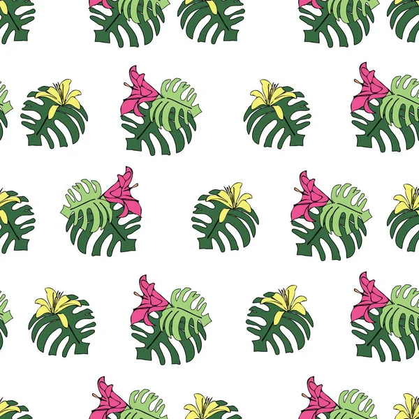 Vektor weißen Hintergrund tropische exotische Käsepflanze, Monstera, Hibiskusblüten. Nahtloser Musterhintergrund — Stockvektor