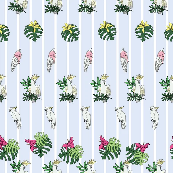 Vector pastellblauen Hintergrund tropische Vögel, Papageien, exotische Käsepflanze, Monstera, Hibiskusblüten. Nahtloser Musterhintergrund — Stockvektor