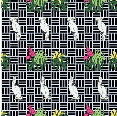 Vektör pastel mavi arka plan tropikal kuşlar, papağanlar, egzotik peynir bitkileri, canavarlar, amber çiçekleri. Kusursuz desen arkaplanı