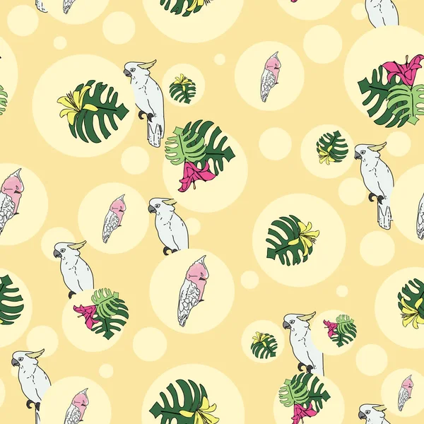 Vector pastel yellow background tropical birds, parrots, exotic cheese plant, monstera, hibiscus flowers. Seamless pattern background — Stock Vector