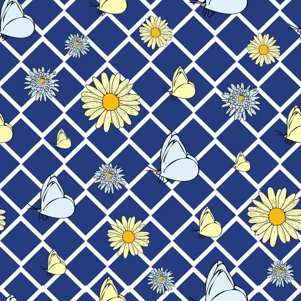 Vector blue background daisy flowers, wild flowers and butterflies, insects. Seamless pattern background — Stock Vector