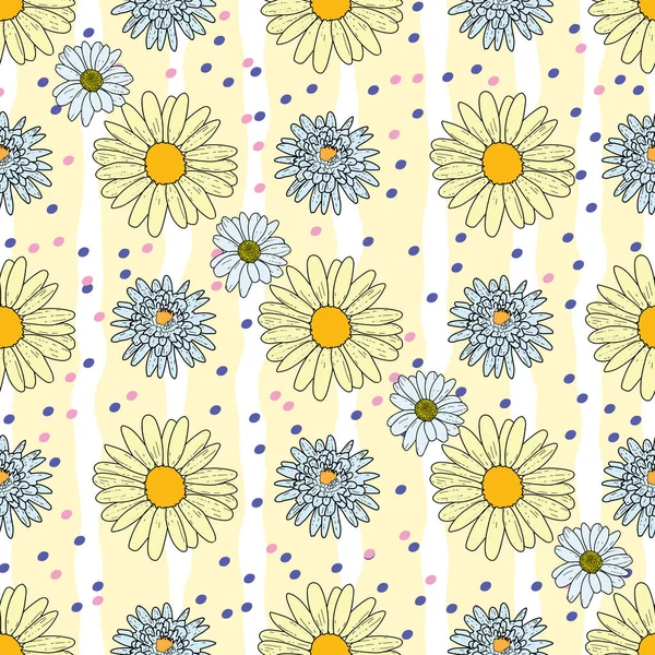 Vector pastellgelben Hintergrund Gänseblümchen Blumen, Wildblumen und Schmetterlinge, Insekten. Nahtloser Musterhintergrund — Stockvektor