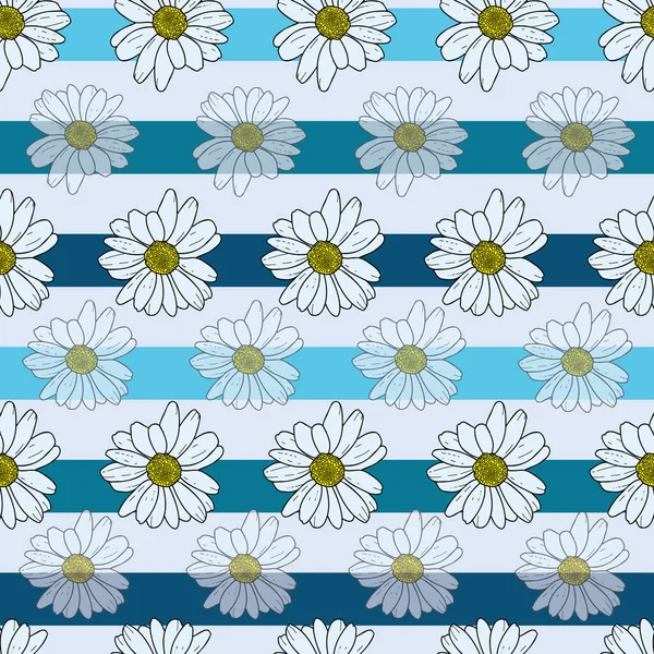 Vetor pastel fundo azul flores margarida, flores silvestres e borboletas, insetos. Padrão sem costura fundo — Vetor de Stock