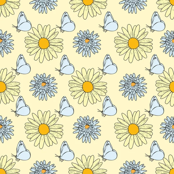 Vector pastellrosa Hintergrund Gänseblümchen Blumen, Wildblumen und Schmetterlinge, Insekten. Nahtloser Musterhintergrund — Stockvektor