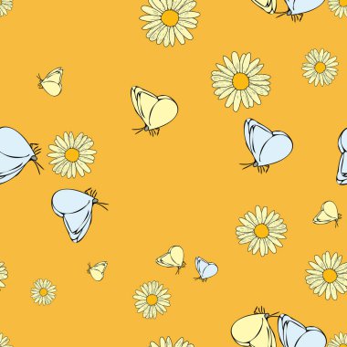 Vektör pastel yeşil arka plan papatya çiçekleri, yabani çiçekler ve kelebekler, böcekler. Kusursuz desen arkaplanı