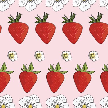 Vektör pastel pembe arka plan çilekleri, böğürtlen çiçekleri, meyveler. Kusursuz desen arkaplanı