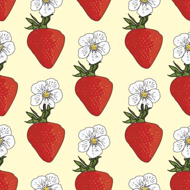 Vektör pastel sarı arka plan çilekleri, böğürtlen çiçekleri, meyveler. Kusursuz desen arkaplanı