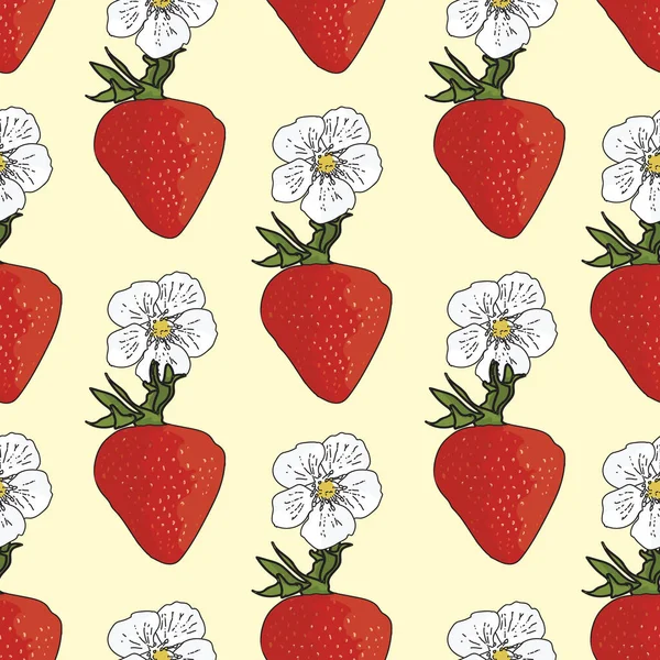 Vektör pastel sarı arka plan çilekleri, böğürtlen çiçekleri, meyveler. Kusursuz desen arkaplanı